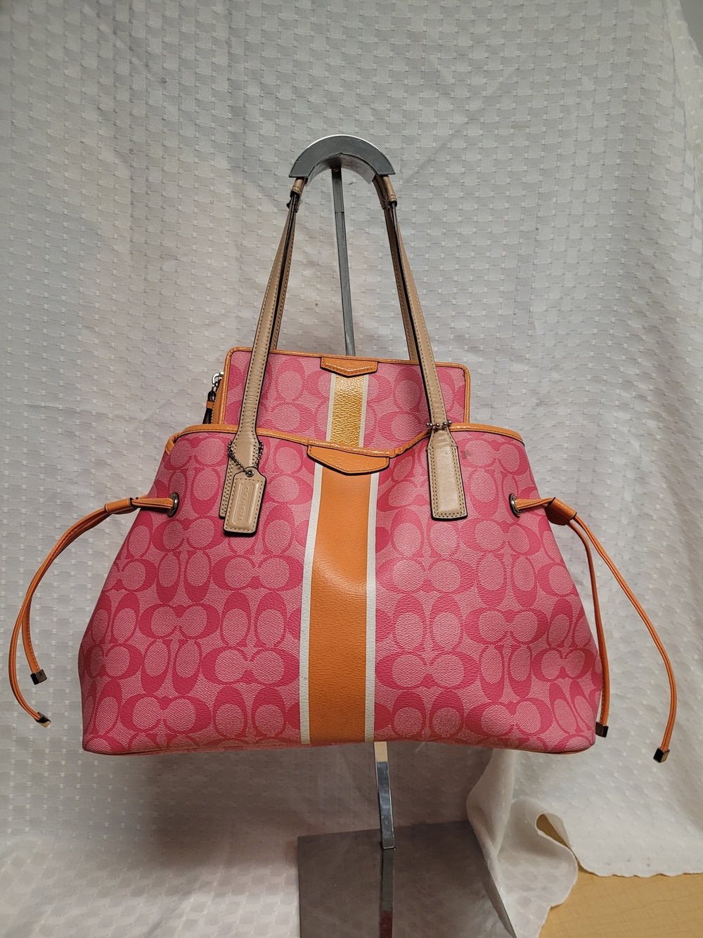 Coach Pink Signature Stripe Tote & Wallet with Orange Accent